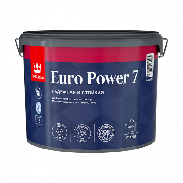 Краска водно-дисперсионная Tikkurila Euro Power 7 моющаяся белая основа А 9 л